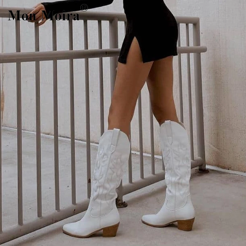 

Женские ковбойские сапоги MONMOIRA, розовые сапоги до колена с острым носком, из искусственной замши, без застежки, на высоком деревянном каблук...