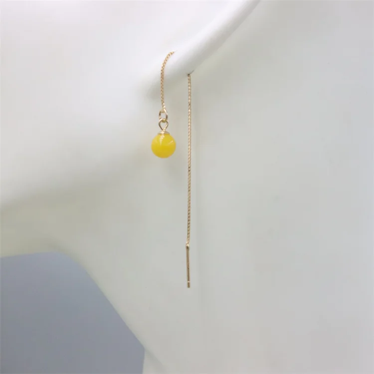 

ZFSILVER New Trendy Yellow Amber Ball Beads Women Earrings Sterling 925 Silver Ear Line Eardrop Hanging Jewelry Gifts Girl Party