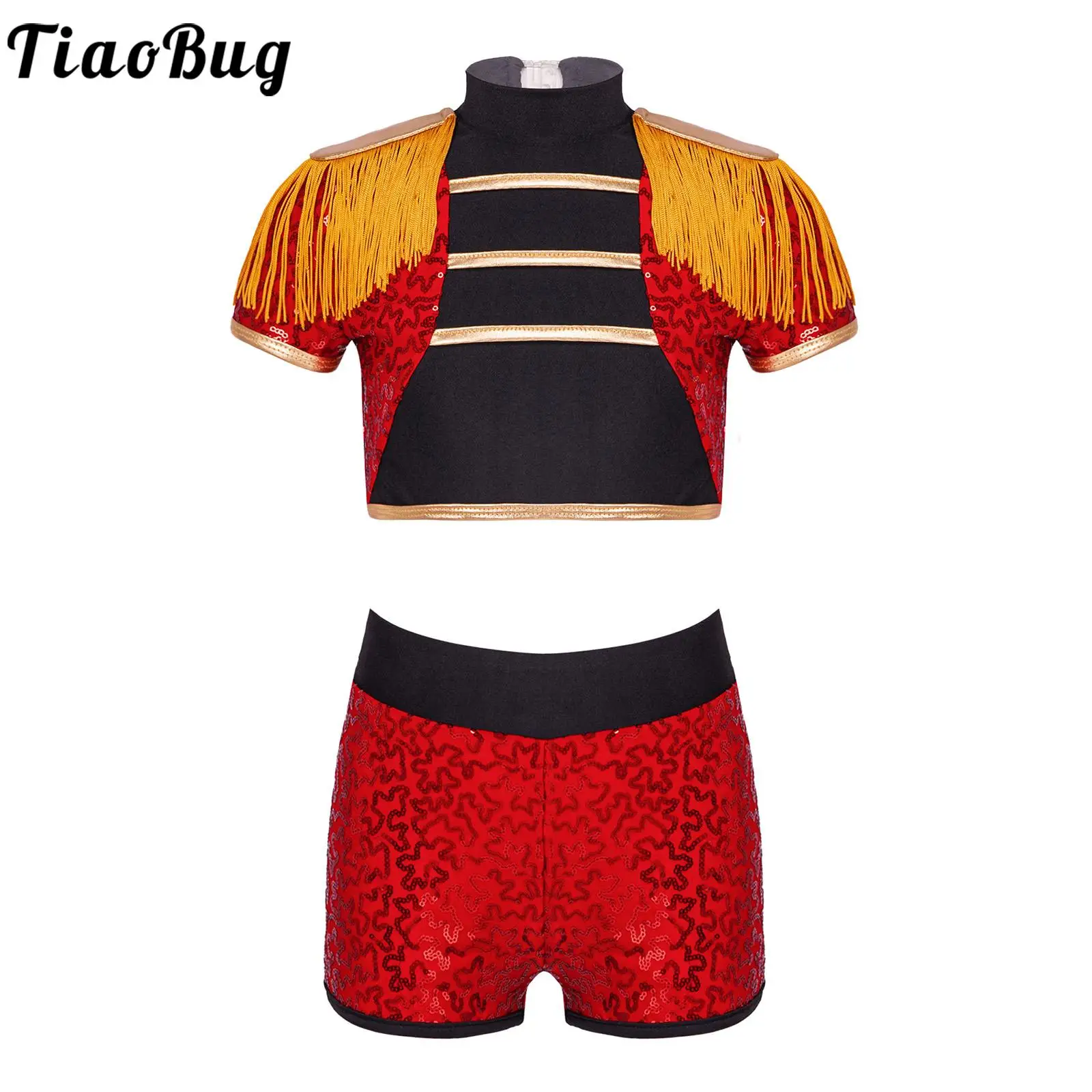 

Детские танцевальные костюмы Tiaobug для девочек 4-14 цирк с коротким рукавом и ложным воротником Топы с шортами с кисточками на плечах блестящи...
