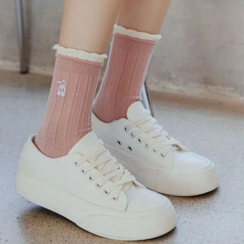 6 Pairs Fruit Embroidery Women Socks Cute Cartoon Animals Winter Long Socks Japanese Fashion Cotton Socks Street Style Luxury