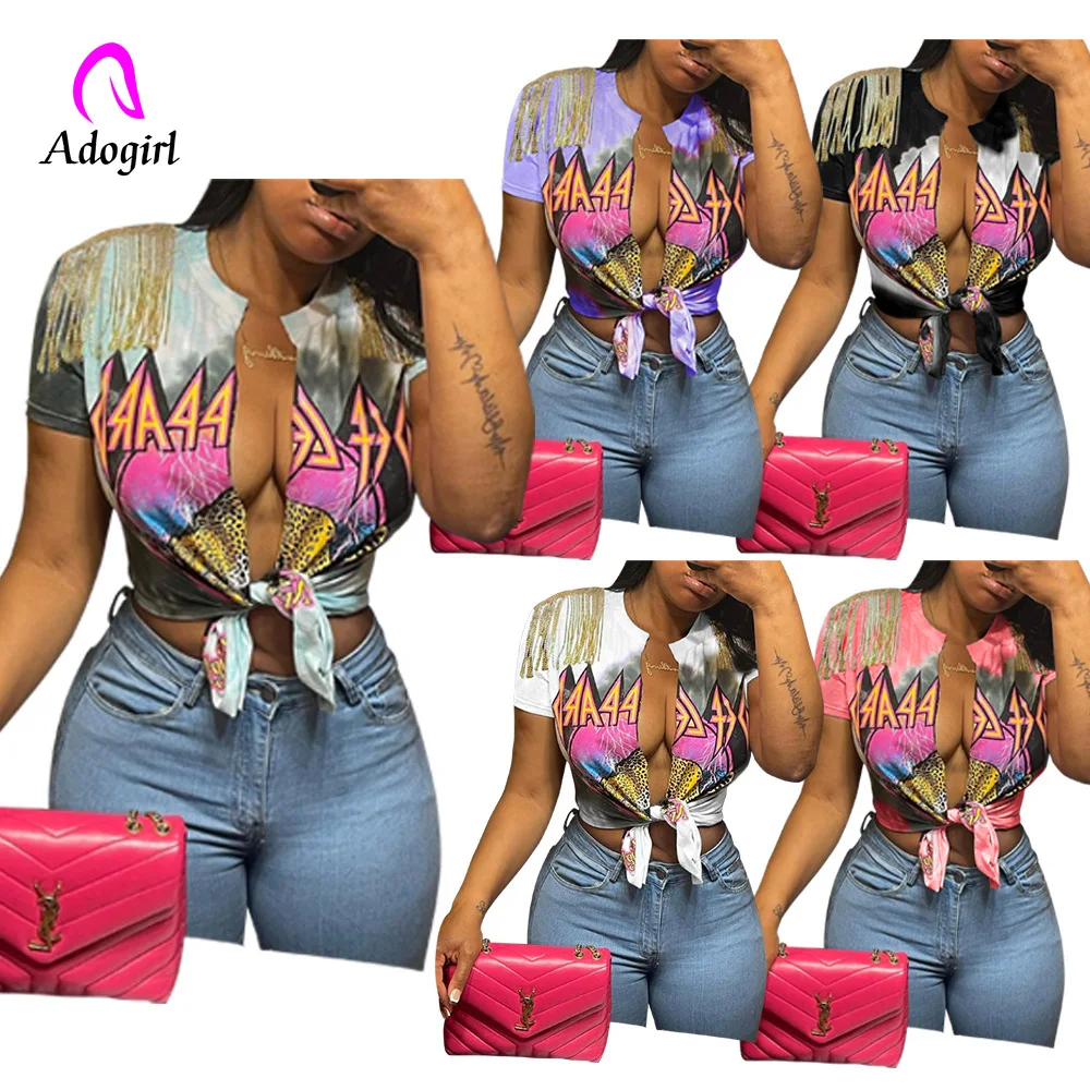 

Tassel Women T Shirt Short Sleeve Basic Crop Top 2022 Summer New Casual Sweatshirts High Street Sexy Deep V Neck Punk Pullovers