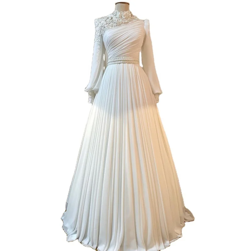 

White A Line Muslim Long Sleeves Elegant Evening Dresses Customized OEM/ODM Wedding Party Gowns Formal Event For Women 2023