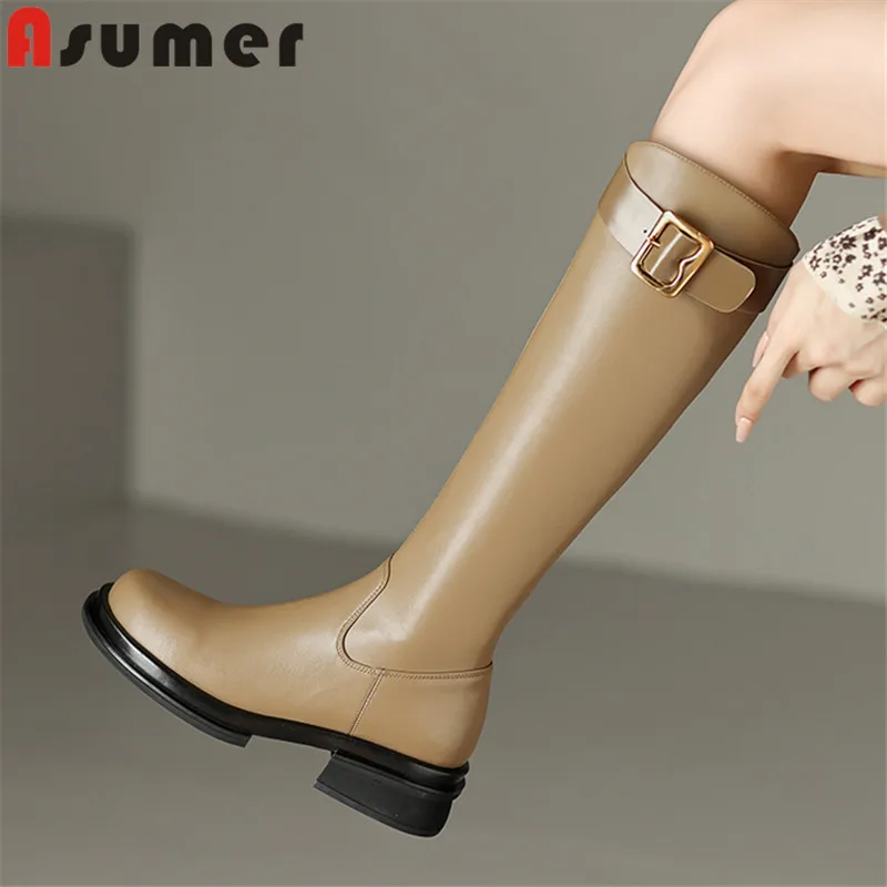 

ASUMER 2023 New Genuine Leather Women Boots Winter Autumn Ladies Knee High Boots Zipper Thick Med Heels Platform Shoes