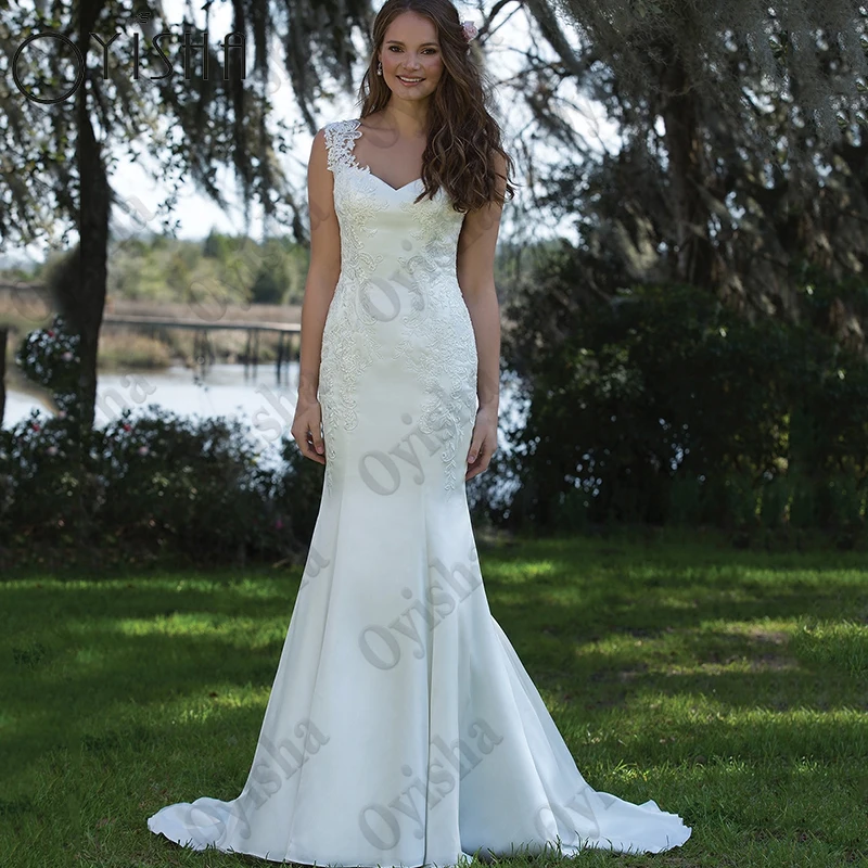 

OYISHA Spagehtti Straps Mermaid Wedding Dress Elegant V-Neck Sleeveless Bridal Gowns Sexy Lace Appliques Satin Vestidos De Noiva