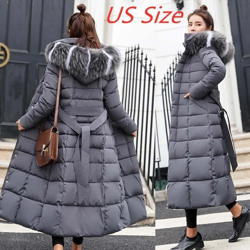 

Новинка 2022, зимняя куртка, женское теплое модное пальто с воротником из лисьего меха и бантом на поясе, длинное платье, женское плотное пальто