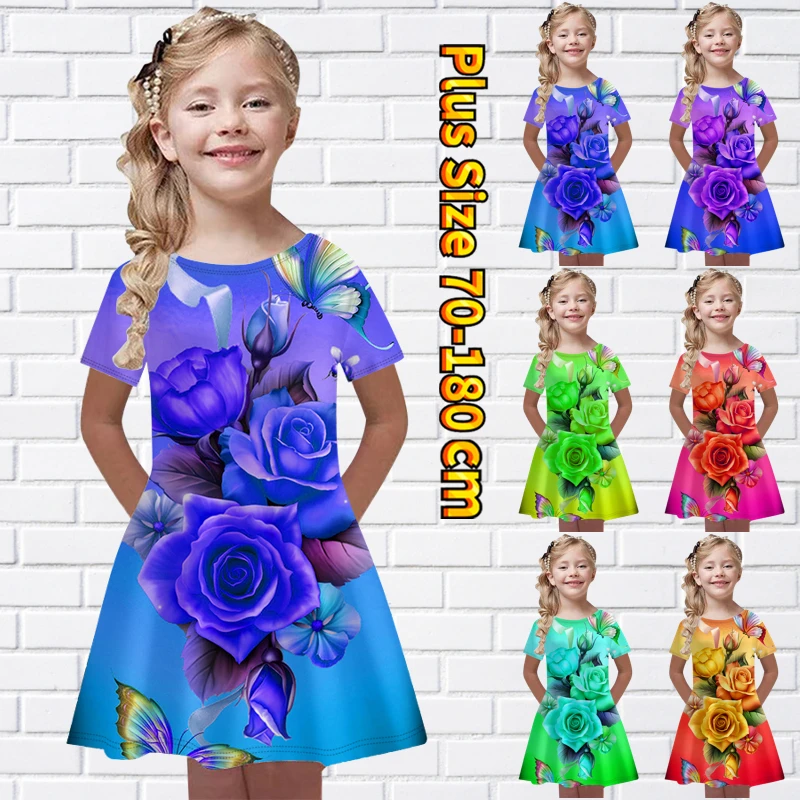 

2022 милое платье с цветочным принтом, модная повседневная Милая Юбка До Колена, летняя юбка с круглым вырезом и коротким рукавом для маленькой девочки