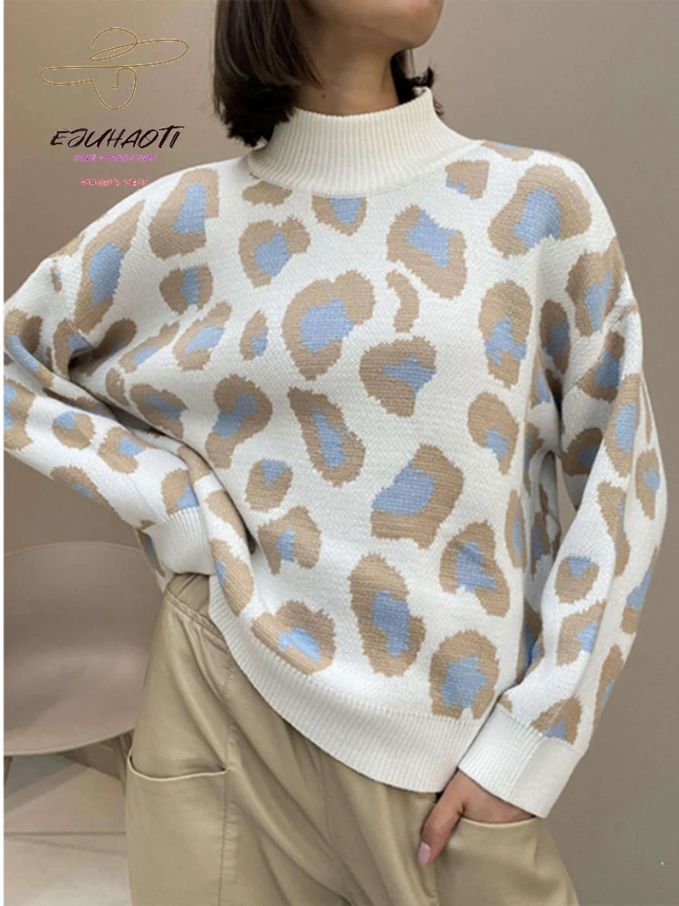 

Winter Women's Leopard Print Animal Pullovers Ladies Vintage Oversized Mock Neck Sweaters Girl's Knitted Clothes Dropshipping