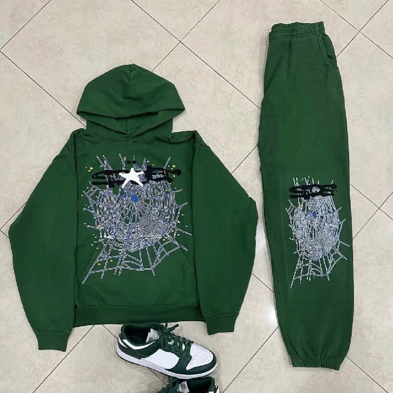 

Green 555555 Hunter Web Hoodie Men Women Top Quality Casual Young Thug Spider Web Star Letter Pullover