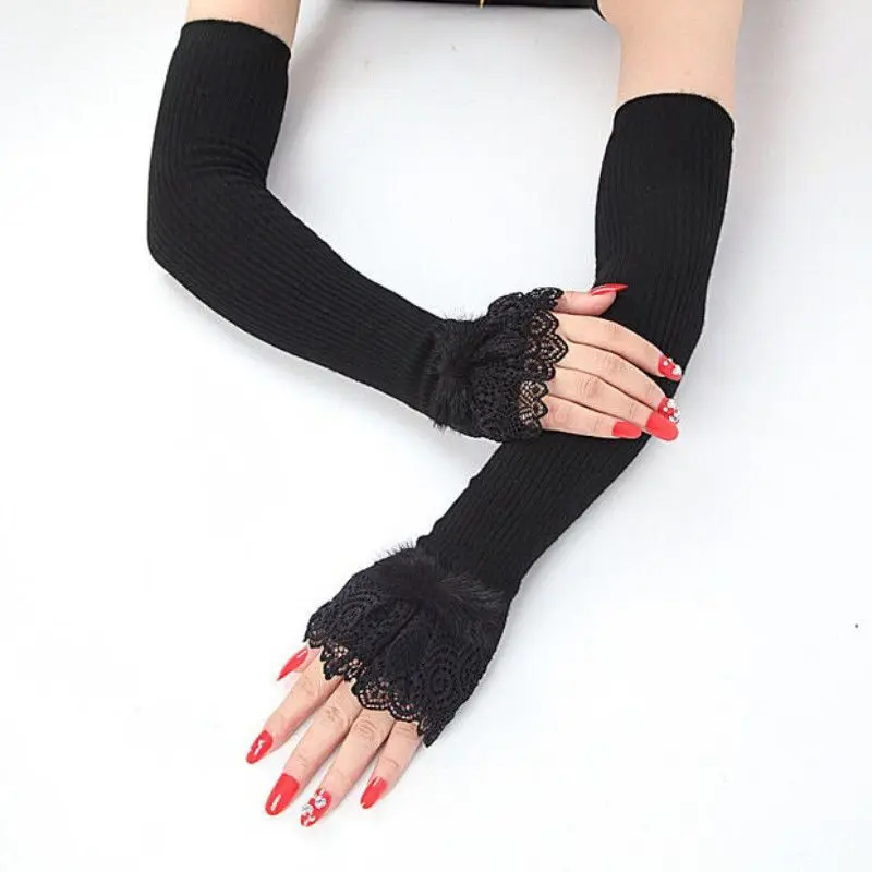 

Cashmere arm sleeve female mink fur lace false sleeve autumn and winter knit warm sleeve thickened long half finger gloves