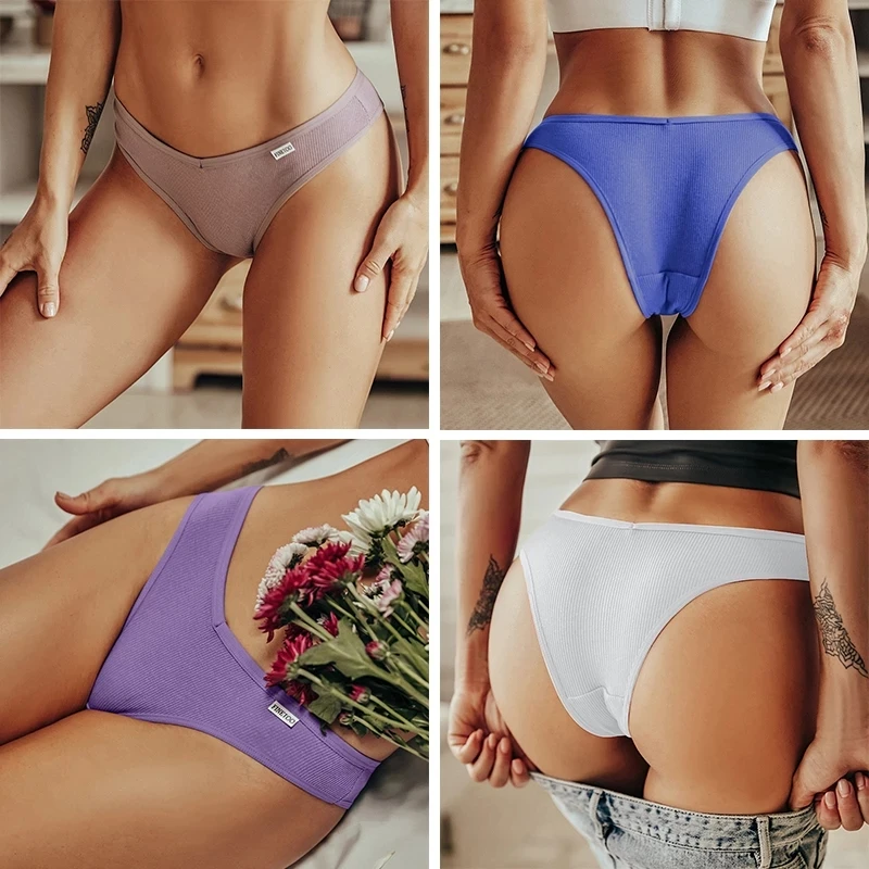 Бесшовные хлопковые бразильские трусики женские с низкой посадкой однотонное