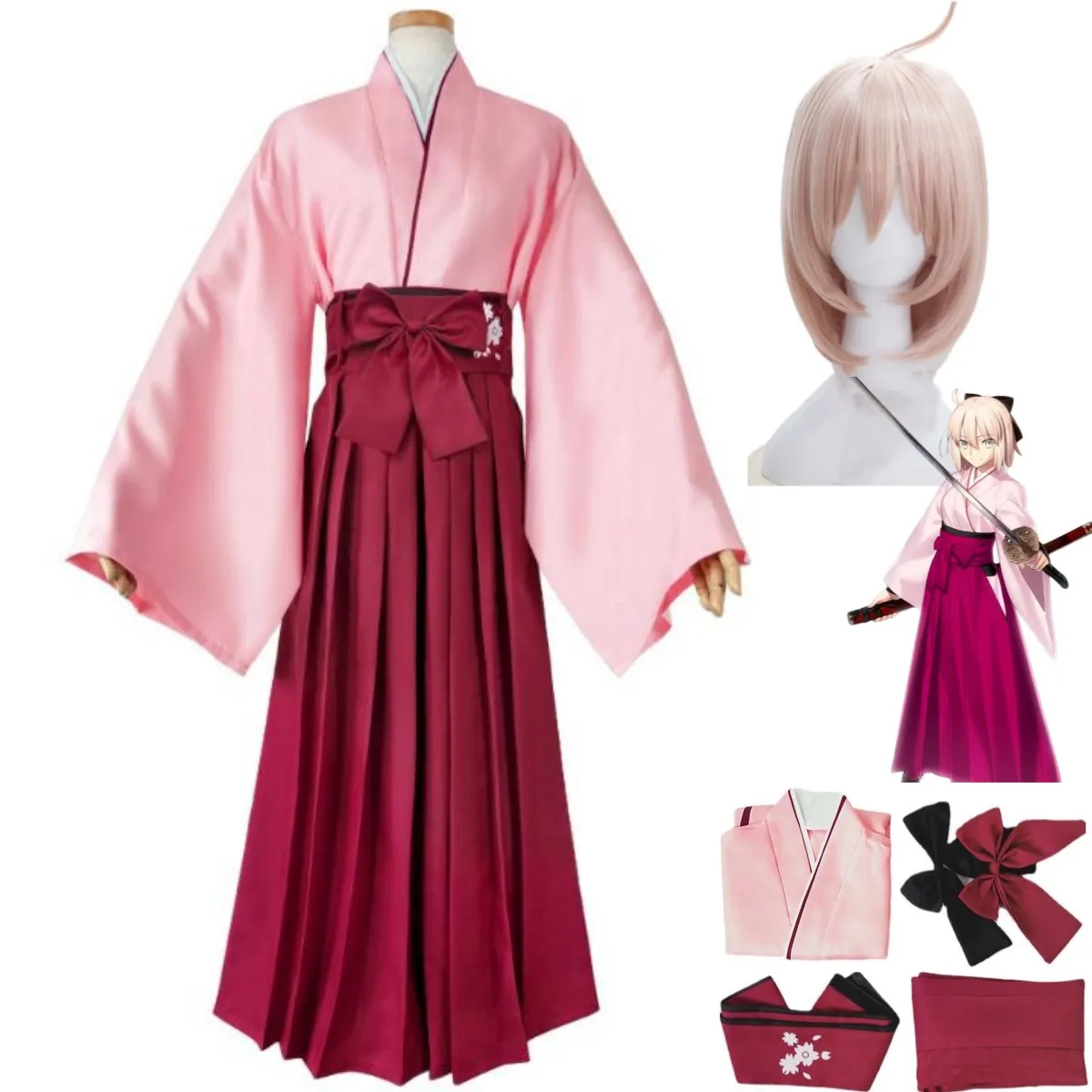 

Костюм для косплея из аниме «Fate/Grand Order», японское Розовое Кимоно Сакура и саблей, женский милый костюм на Хэллоуин