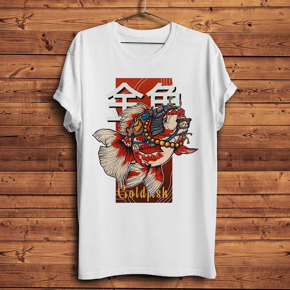 

2022 японская забавная футболка в традиционном стиле с золотой рыбкой Самураем, летняя белая Повседневная хлопковая рубашка с коротким рукав...