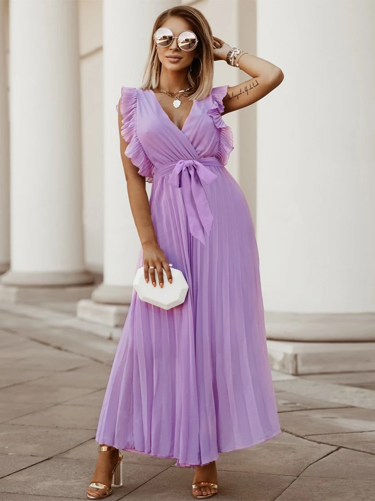 

Summer New Women's Dress Fashion Temperament Sexy V-neck Solid Color Sleeveless Pleated Chiffon Lace Up Skirt Slim Women's Dress