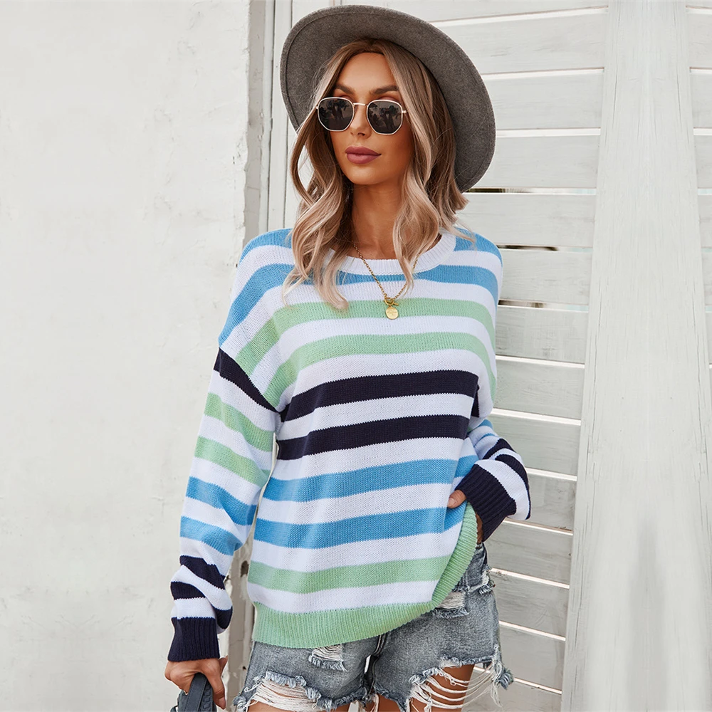 

Ladies Autumn Winter Sweater Women Pullover Striped Casual Warm Jumper Knitted Loose Women Sweaters Tops Female Pull Knitwear