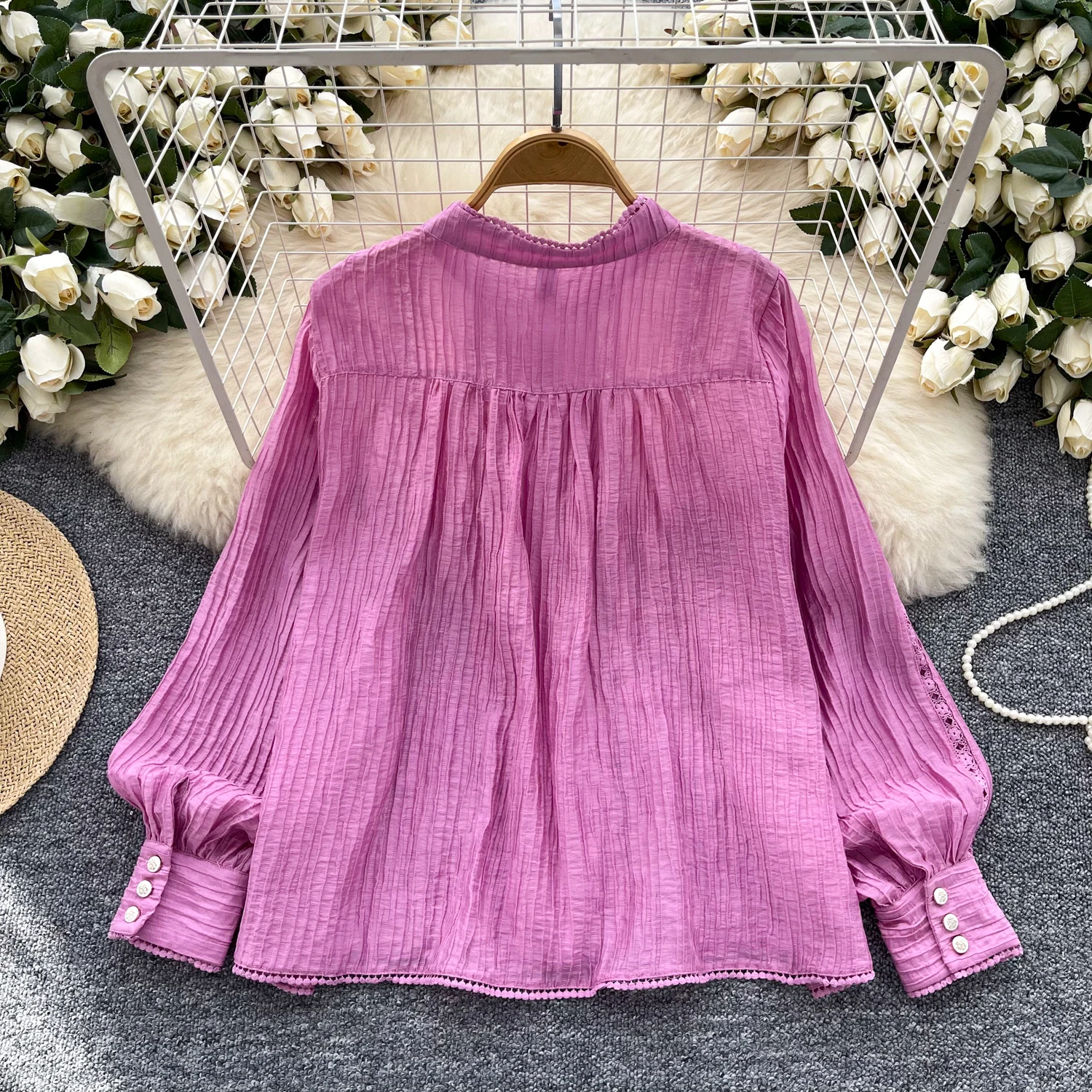 Женская ажурная блузка с воротником-стойкой Повседневная однобортная кружевом и