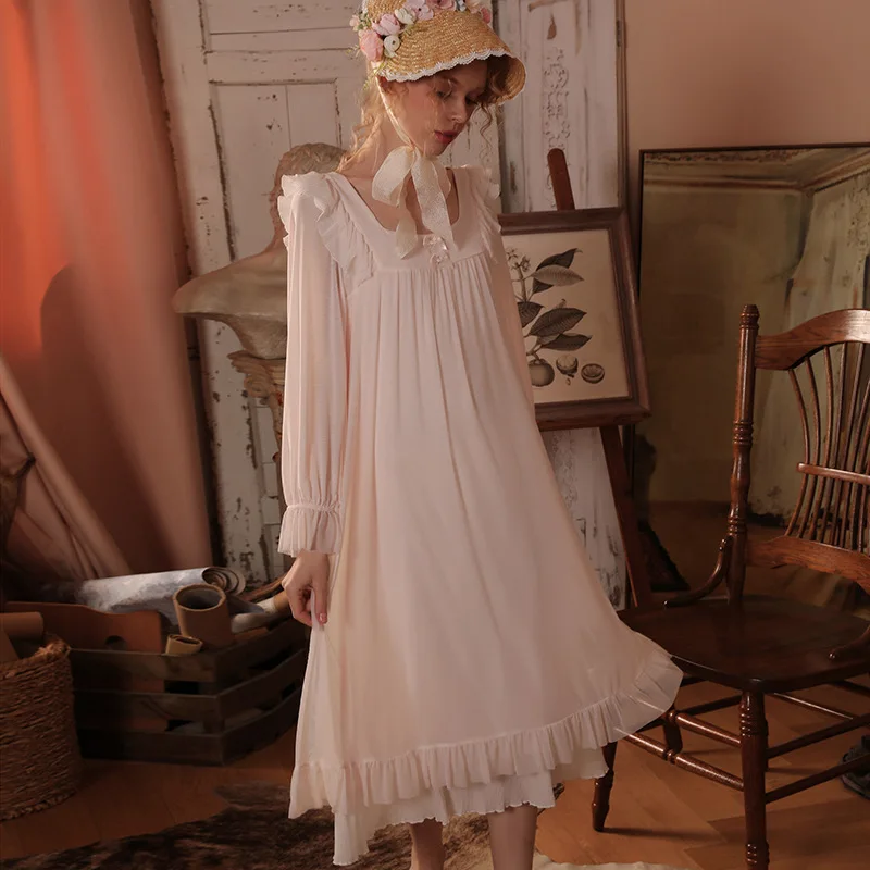 New Women's Retro Court Style Square Neck Soft Comfortable Stringy Selvedge Long Skirt Nightgowns Sleepshirts Sleepwear Pajama