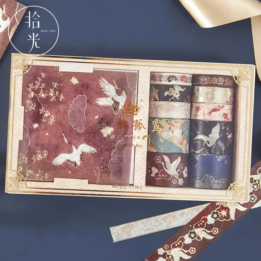 

10 Rolls Tape and 10 Stickers Gift Box Washi Tape Set Red Crane Series Bronzing Decorative Stickers Office Supplies