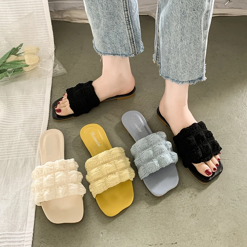 

Beach Shoes Slippers Casual Slides Slipers Women Sabot Luxury Summer Flat Soft 2022 Rome Cotton Fabric PU Rubber Fashion Basic