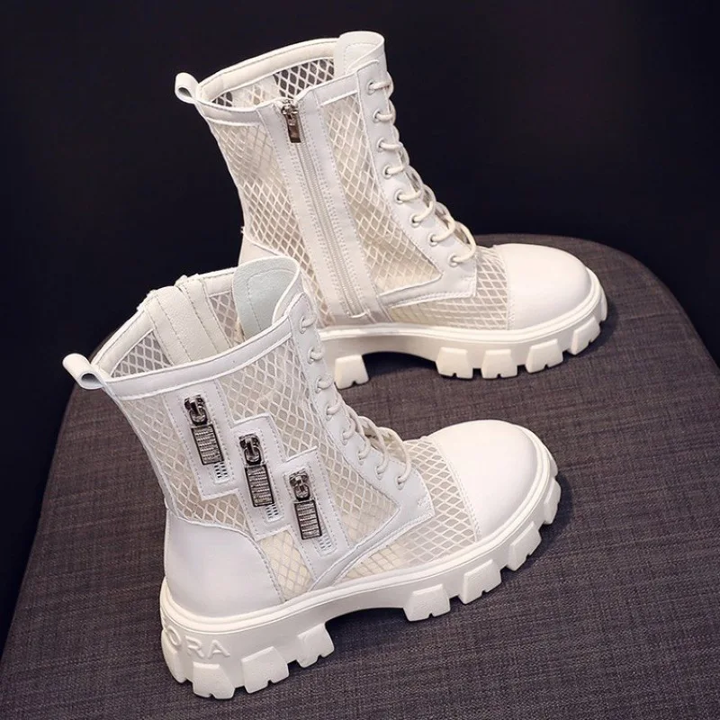 

Ботинки летние сетчатые на молнии с круглым носком, новинка 2021, ботинки с прорезями, дышащая женская обувь для увеличения роста, белые короткие ботинки