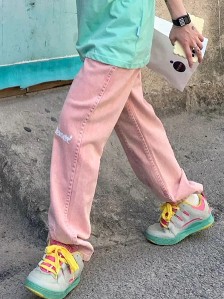 

Fashion Alphabet Print Design At The Knees Pink Jeans 2022 Spring Autumn Casual Wide-Leg Pants Vintage Fried Street Jeans