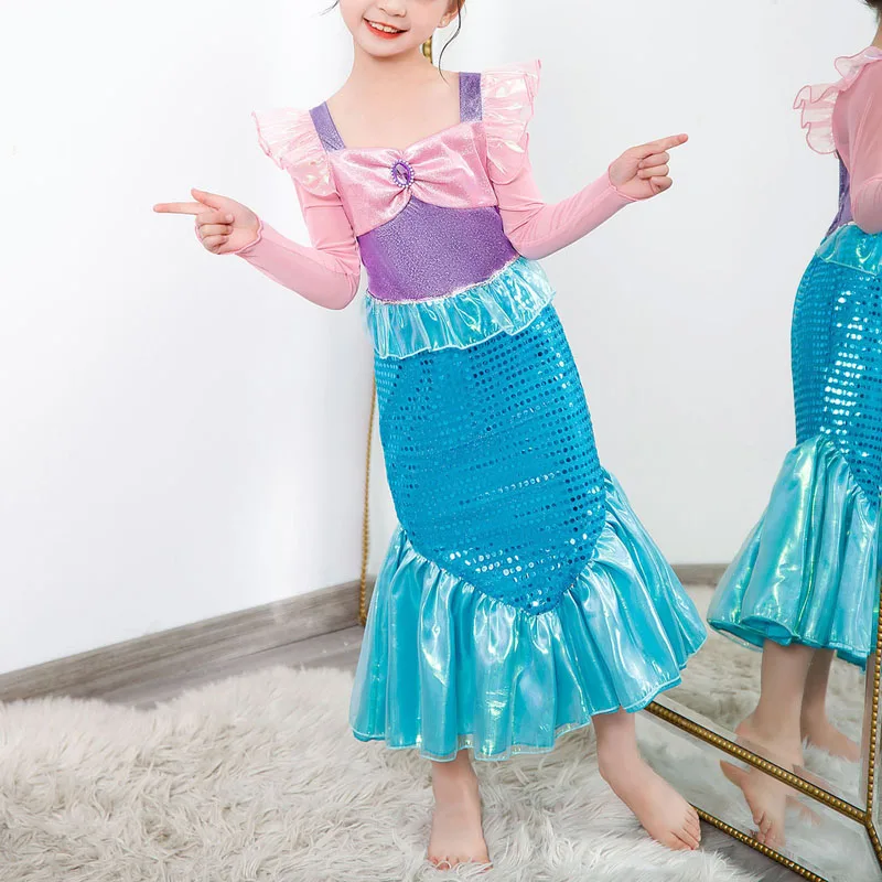 

Listenwind Kids Girls Mermaid Dress Long Sleeve Square Neck Sequins Patchwork Cosplay Dress Halloween Costume