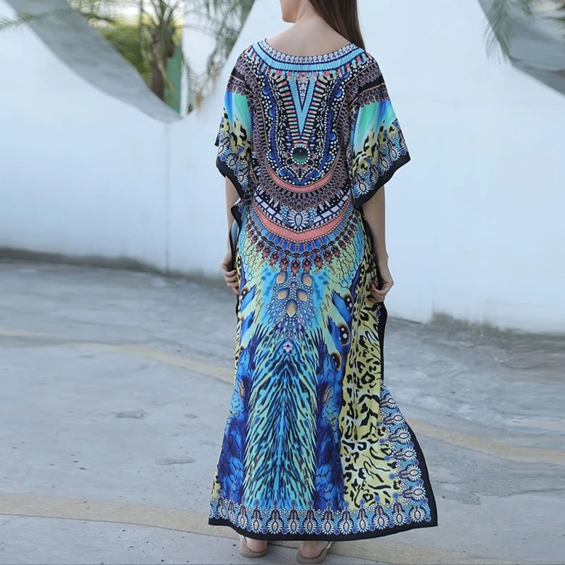 

Women Short Sleeves V-Neck Kaftan Colorful Boho Printed Bikini Swimsuit Cover Up Casual Loose Beach Long Dress New goods