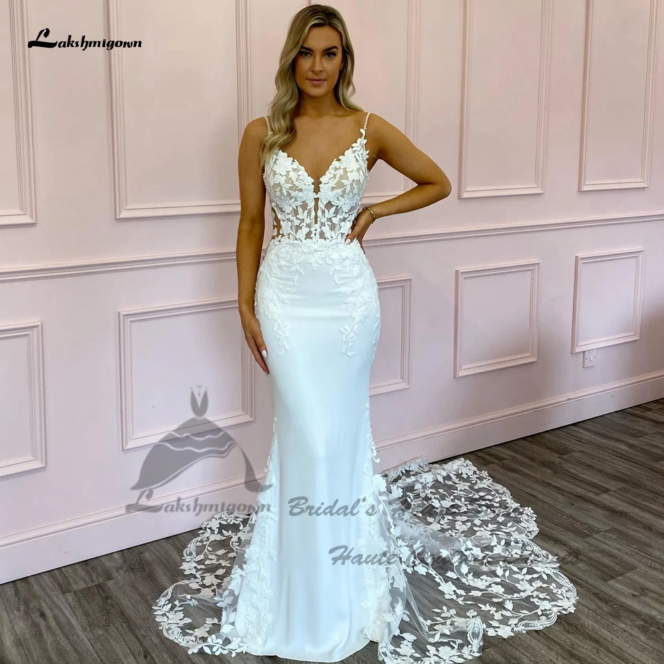 

Lakshmigown Luxury Mermaid Wedding Dresses Robe De Mariage 2023 Crepe Vintage Lace Bridal Gowns Backless Spaghetti Straps