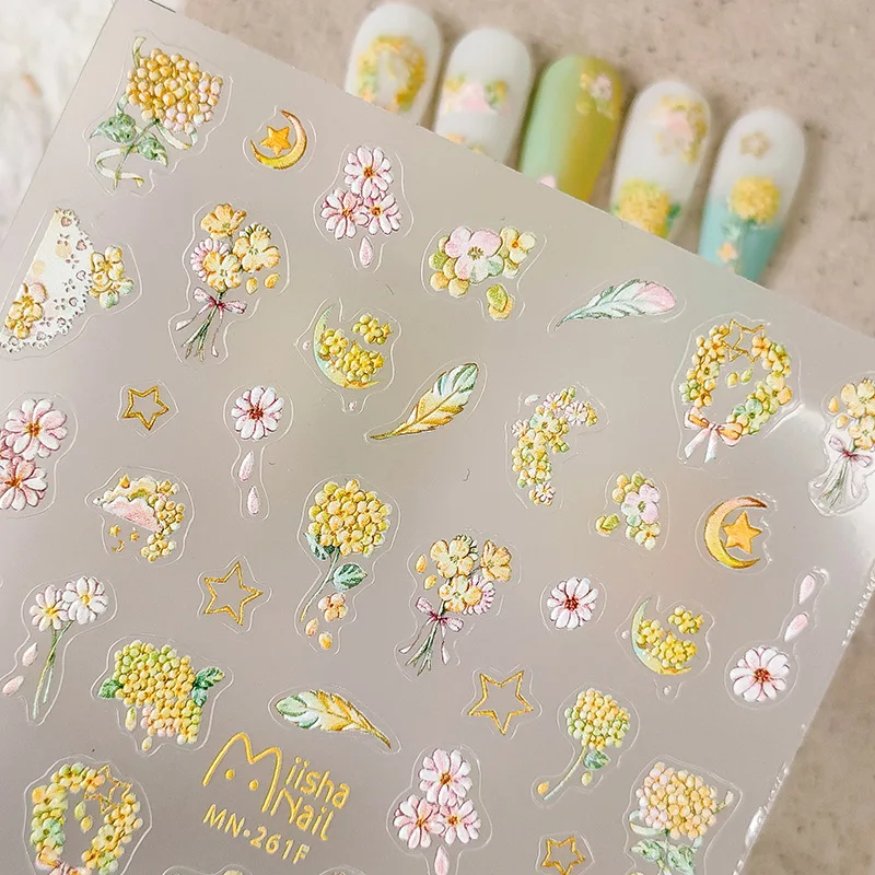 

5D Realistic Relief Yellow Ear of Wheat Floret Bouquet Flowers Adheisve Nail Art Stickers Decals Manicure Ornaments Accessories