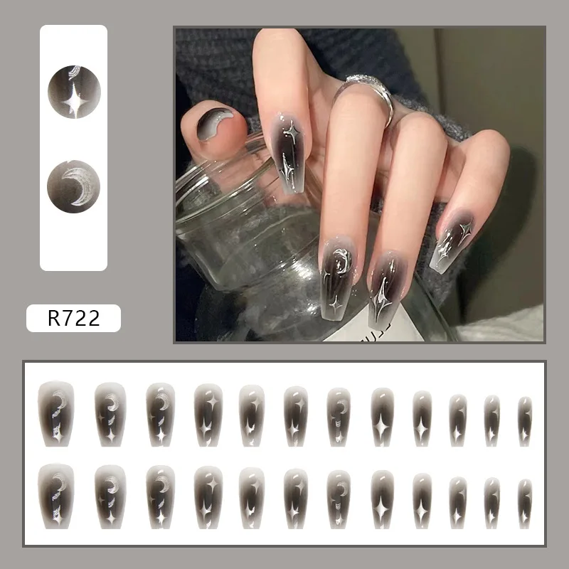 

Y2k Dark Hot Girls Ins Style False Nails Black Sliver Moon Star Blush Ballet Press on Nail Full Cover for Daily