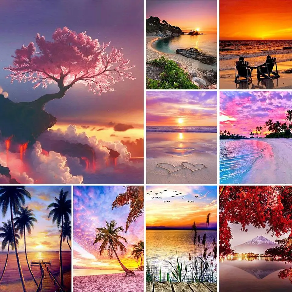 

5D DIY Diamond Painting Sunset Seaside Scenery Embroidery Mosaic Art Pictures Full Drill Cross Stitch Kit Living Room Decor Gift