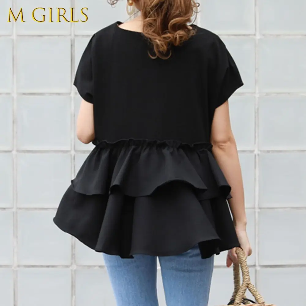 

Модные футболки M для девочек, женские летние новые футболки в Корейском стиле, женская одежда с круглым вырезом и оборками и коротким рукав...