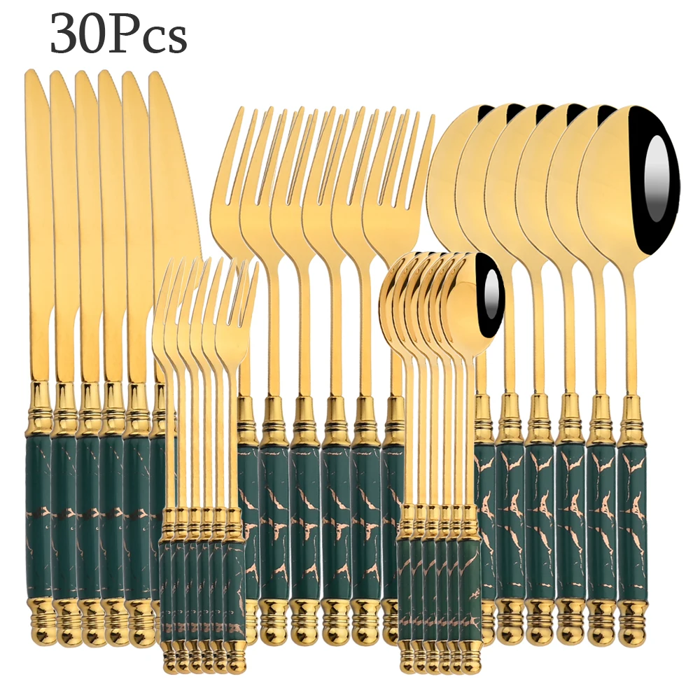 

24/30Pcs Western Style Green Gold Stainless Steel Cutlery Set of Flatware Knives Dessert Forks Spoons Kitchen Cutlery
