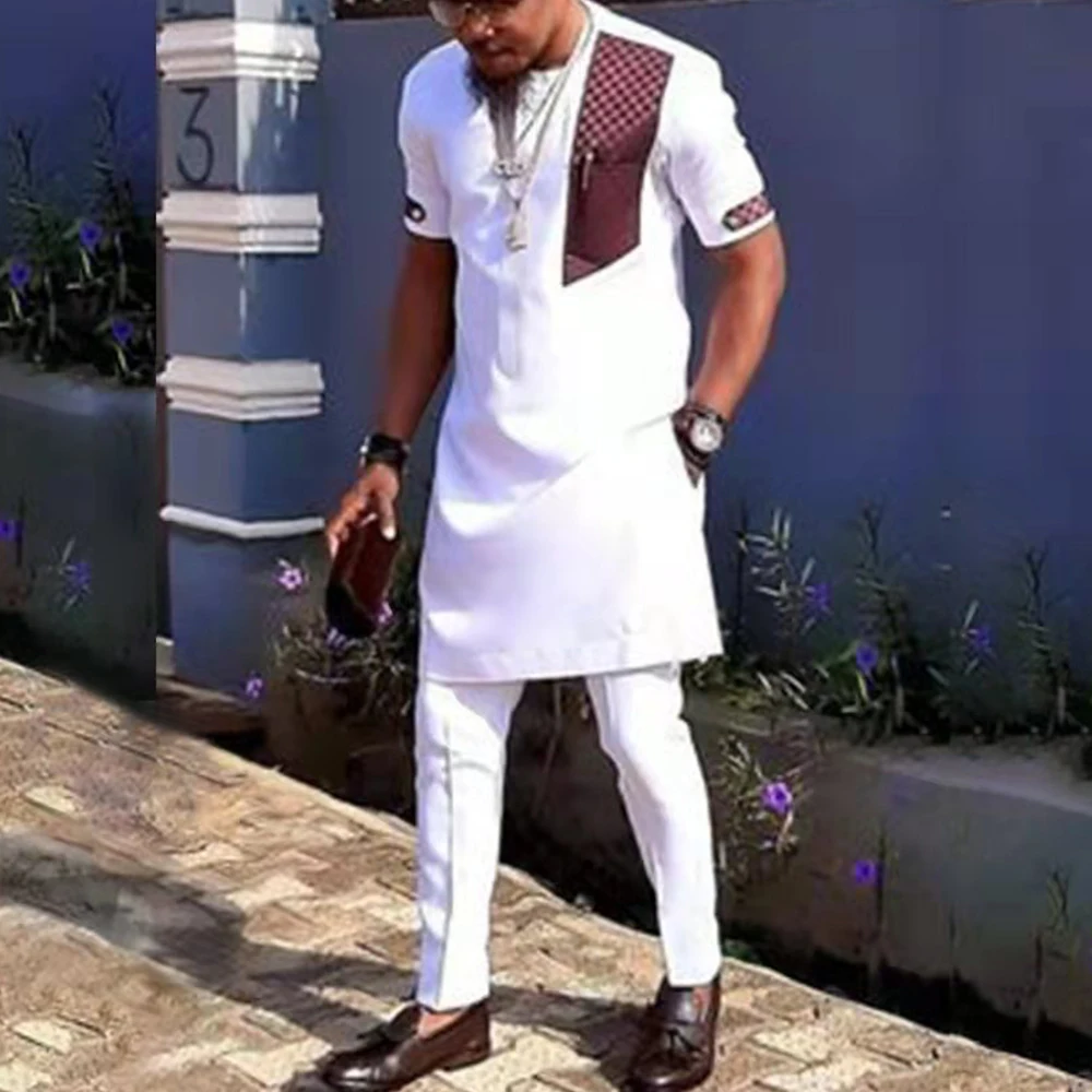 Kaftan African Men's Suit White Long Sleeve Stitching Shirt and Social Pants 2 Pieces Set Wedding Party  Designer Men Clothing