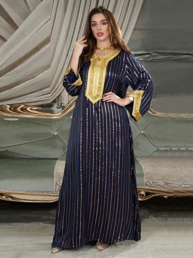 Moroccan Jalabiya Chic Striped Gold Stamping Arab Evening Dress Rhinestone Tape Trim O Neck Long Sleeve Kaftan Gulf Abayas Pink