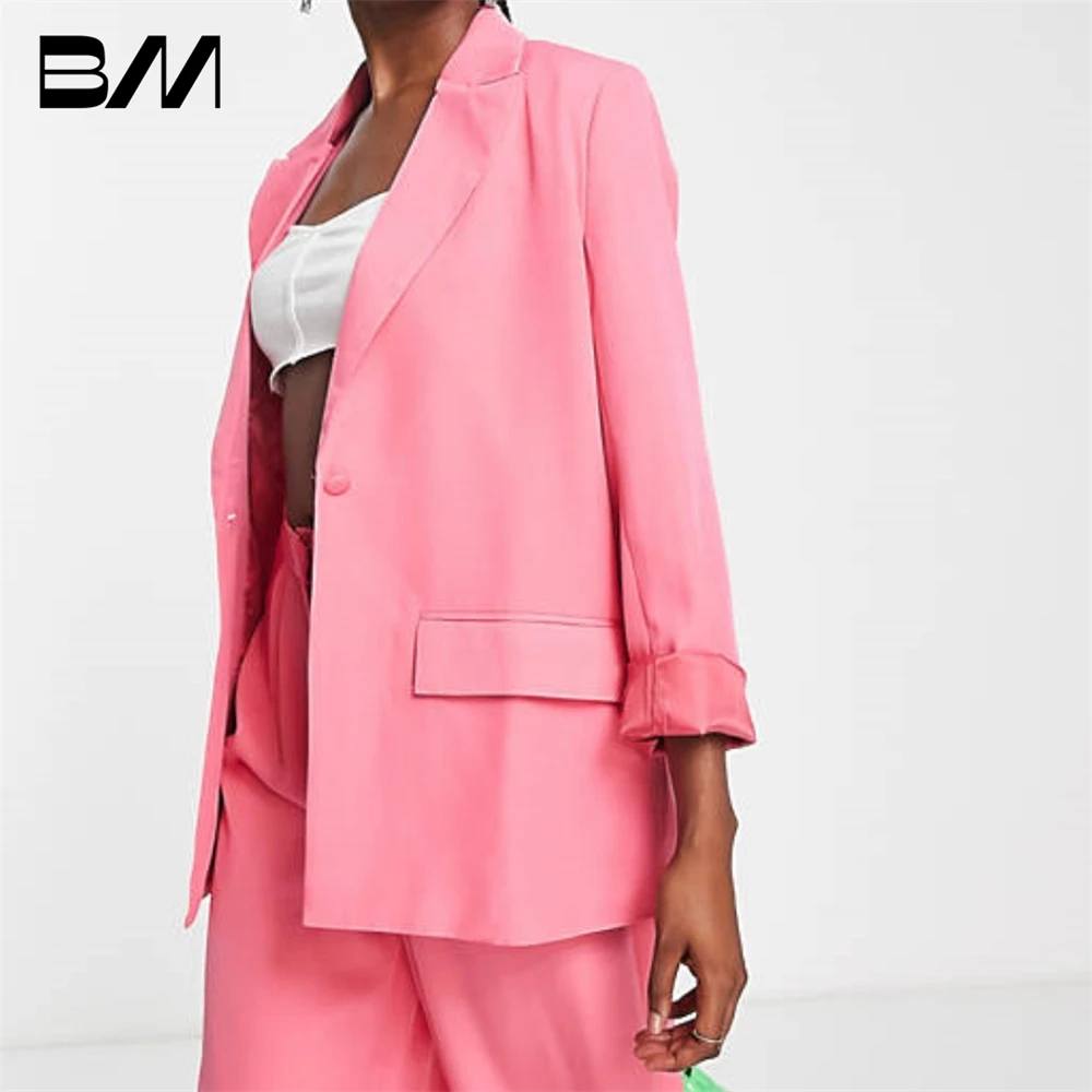 Hot Pink  Formal Pantsuit Long Women 2 Pieces Suit Set Blazer Pants Set V-neck Single Button V-neck Solid Oversize Women Outfit