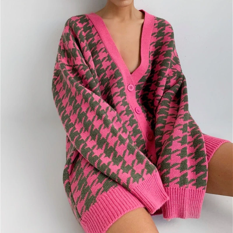 

Женский вязаный кардиган с пуговицами, Свободный теплый однотонный кардиган с V-образным вырезом и твидовым узором, Осень-зима 2023
