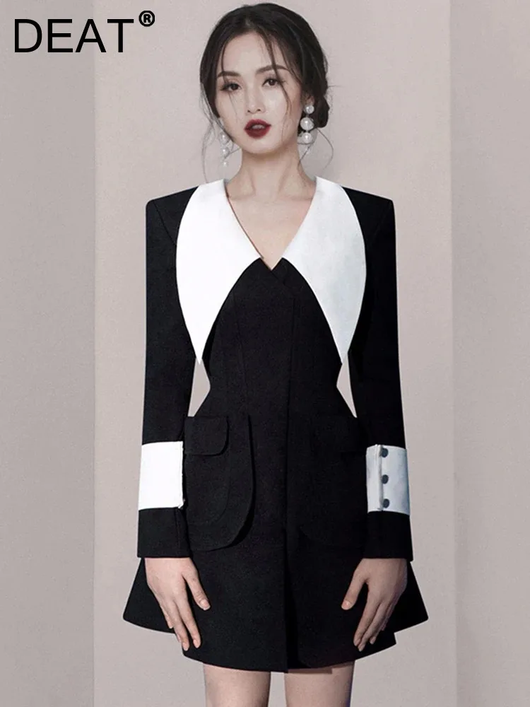 Женское платье с большими лацканами DEAT офисное платье-трапеция составного кроя