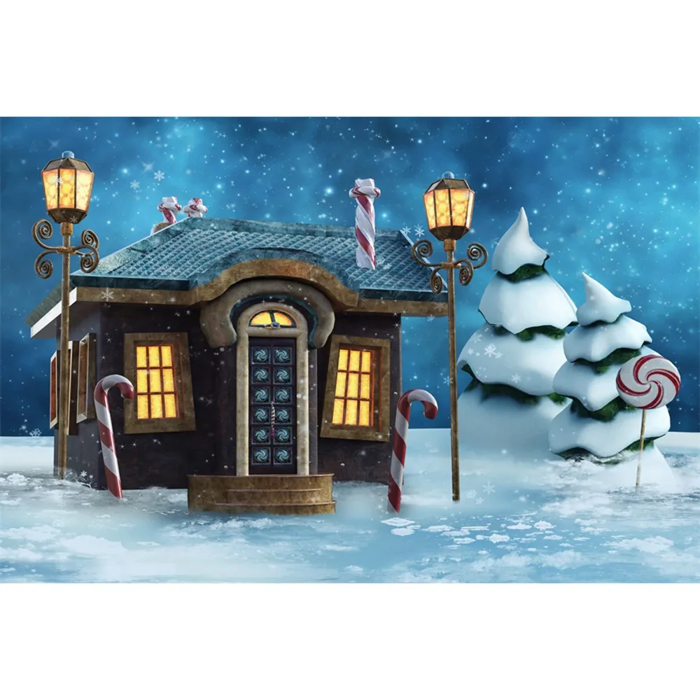 

Winter Snow Christmas House Lantern Lollipop Photography Backdrops Custom Baby Party Decoration Studio Photo Booth Backgrounds