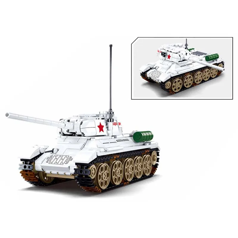 Military WW 2 II Battle of Budapest T-34/85 Medium Tank White Army Weapon Building Blocks Kit Bricks Classic Model Toys Boy Gift