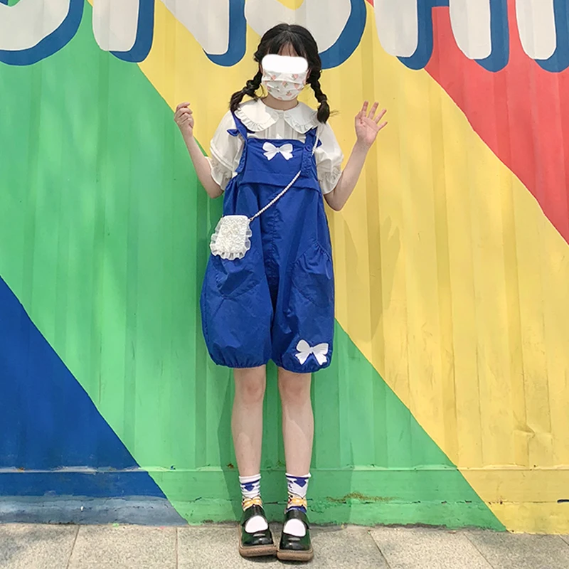 

Klein Blue Japanese Soft Sister Women's Lolita Girls Bud Shorts Loose Small Flower Embroidery Dungarees Student Cute Overalls