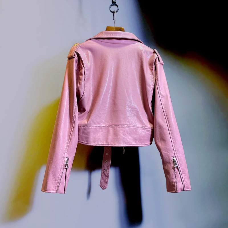Korean Style Woman's Short Pink Leather Coat 2022 New Autumn and Winter Motorcycle Clothing Women's Cool Handsome Leather Jacket