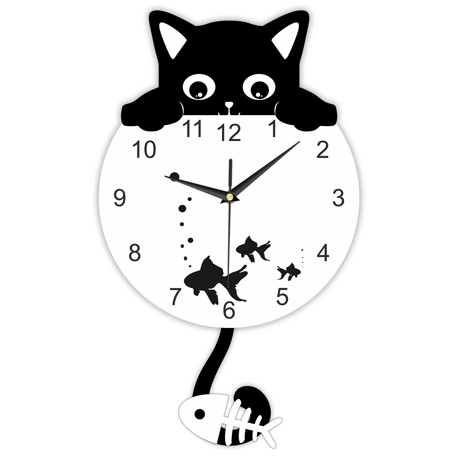 Fancy Cat And Fish Wall Clock For Bedroom Kitten Home Decor Watch Kitten Cat Clock with Swinging Tail Pendulum Cat Lover Gift