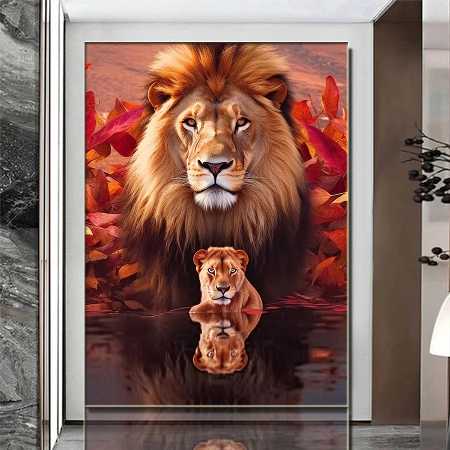 Lion reflexes, lion king and cubs DIY Diamond Painting cross stitch Kits Full Drill Diamond Mosaic Embroidery Gift Home Decor