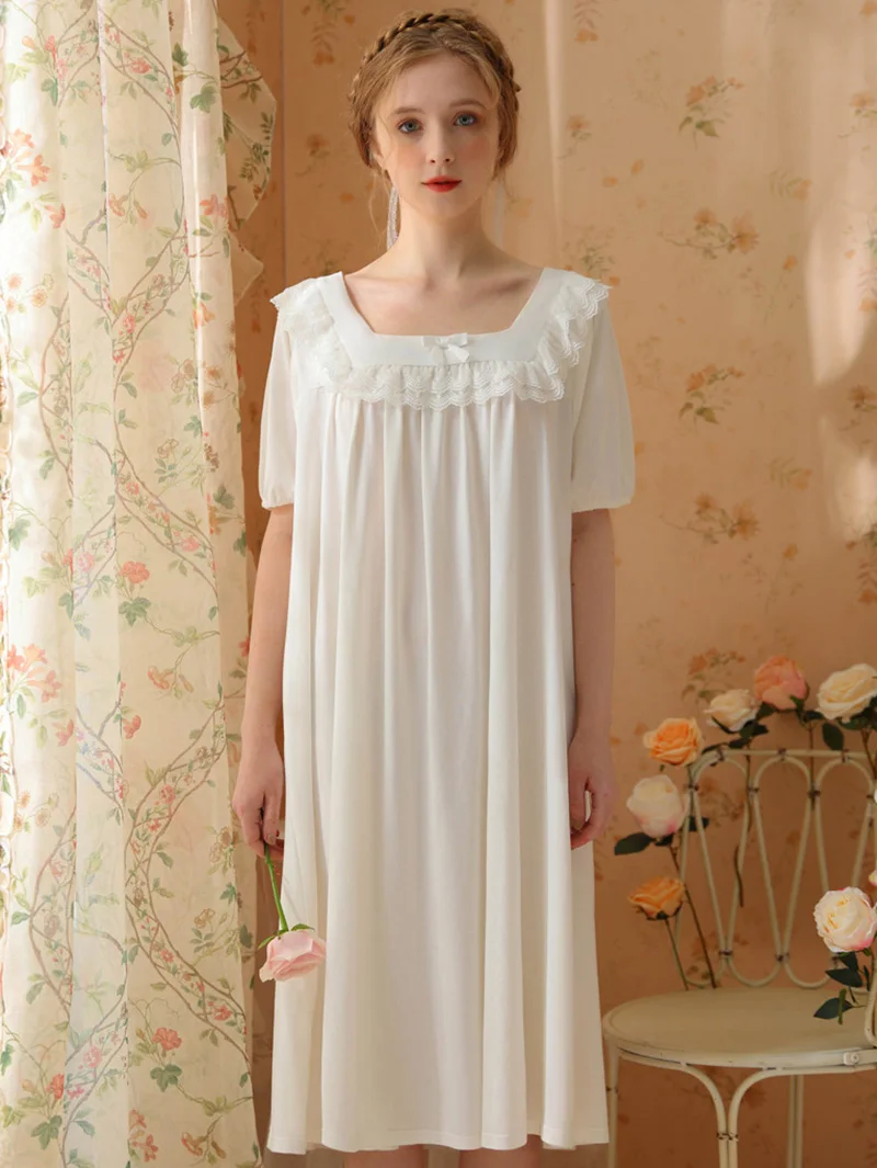 Summer Ruffles Backless Princess Pajama Night Dress Short Sleeve Backless Cotton Victorian Sweet Lolita Loose Women's Nightgown