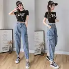 Женские джинсы, брюки, комбинезон, свободные джинсы, весенние брюки с большими карманами, эластичной высокой талией и завязкой на щиколотке, 2021