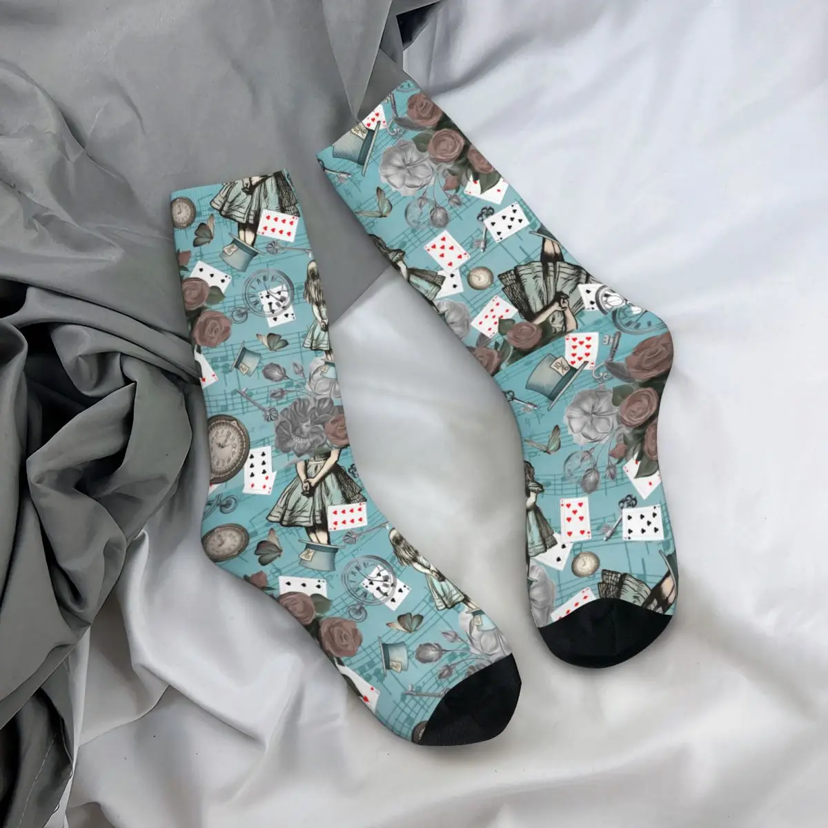 Осенне-зимние крутые мужские и женские винтажные синие носки с коллажем Алисы в