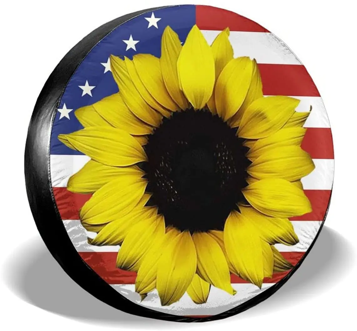 

Sunflower American Flag Spare Tire Cover Universal Sunscreen Waterproof Wheel Covers Dust-Proof Fit for Jeep Trailer RV SUV