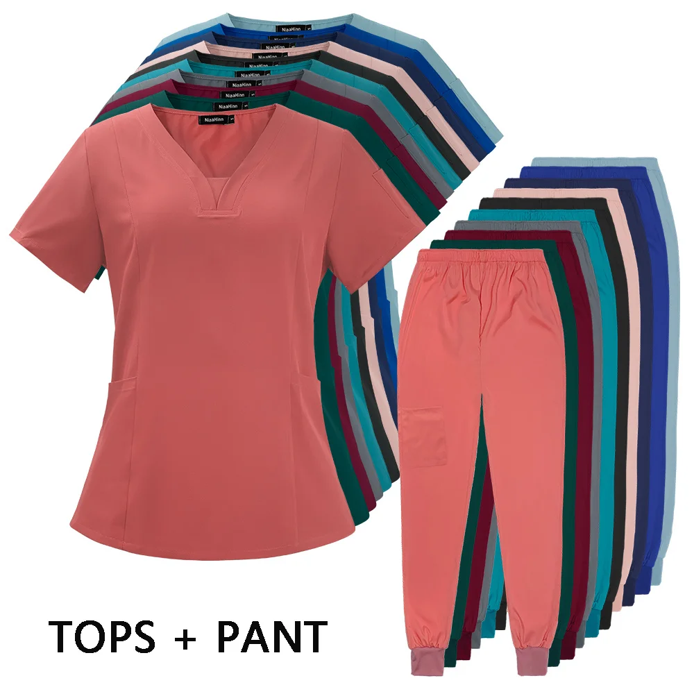 

Women Medical Uniforms Elastic Scrubs Sets Hospital Surgical Gowns Short Sleeve Tops Pant Nursing Accessories Doctors Clothes