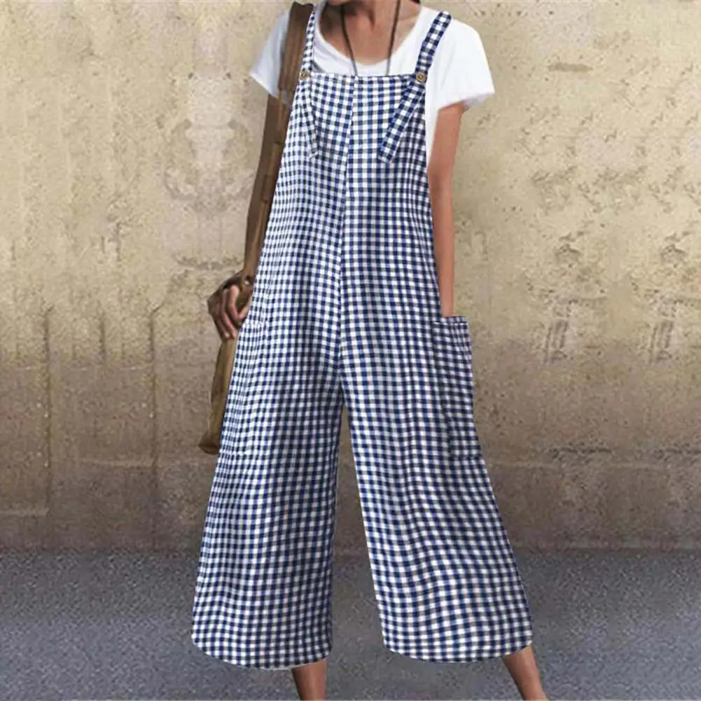 

Summer Jumpsuit Big Pockets Young Style Soft Fabric Casual Breathable Loose Contrast Color Plaid Print Wide Leg Romper