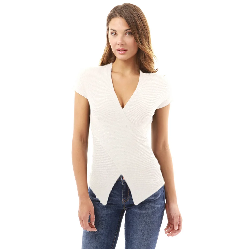 

Slim stitching V-neck solid color one sleeve short sleeve t-shirt woman black